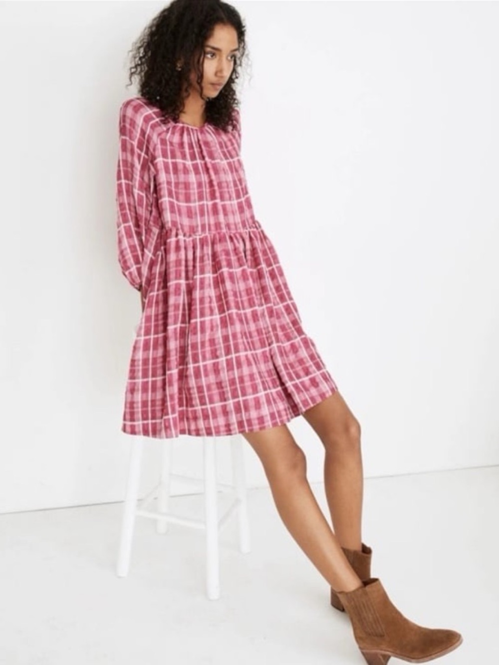 Madewell plaid shirred babydoll dress